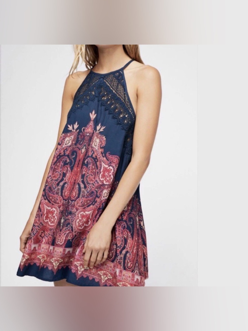 Free People Shea Printed Slip Dress Navy Crochet Pink Paisley Women’s S Boho